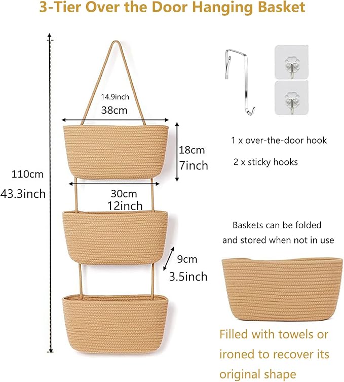 YYaaloa Woven Cotton Hanging Baskets for Organizing Decor 3-Tier Over the Door Wall-Mounted Storage Bag Nursery Baskets for Organizing Living Room, Bathroom and Bedroom (White+Pink)