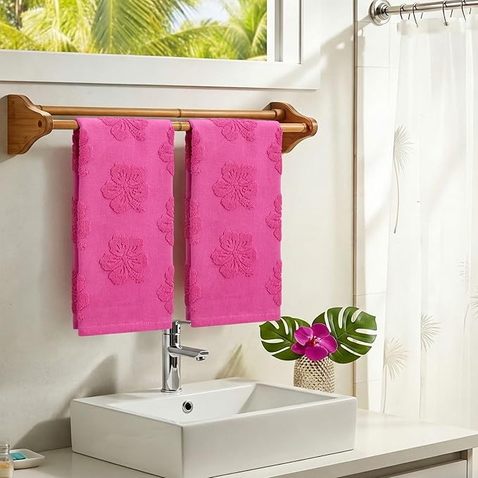 2 Pcs Hibiscus Hand Towels for Bathroom Rose Red Hibiscus 100% Cotton Jacquard Weave Hand Towels Absorbent Soft for Spring Summer Home Bathroom Kitchen Decor, 29.5 x 13.8 Inch