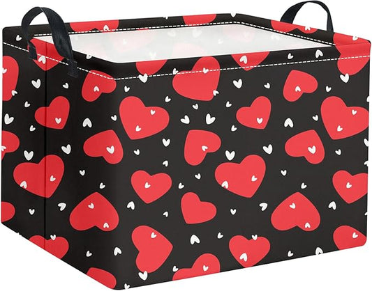 HIYAGON Rectangular Valentines Basket Fabric Storage Bin Storage Boxes Collapsible Storage Basket for Clothes Books Shelves Basket(Black Red Heart)