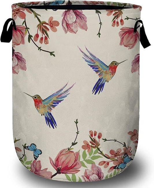 Colorful Flower Bird Butterfly Laundry Basket with Sturdy Handles, Retro Floral Collapsible Oxford Cloth Laundry Hamper Organizer Basket for Bathroom Bedroom 15.7x20 Inch