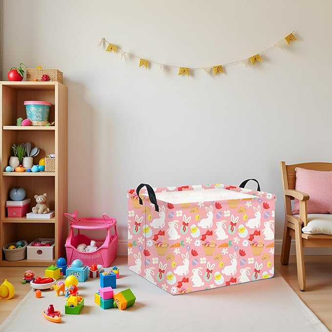 HIYAGON Rectangular Easter Basket Baby Girl Basket Fabric Storage Bin Organizer Box Room Decor(Bowknot Bunny)