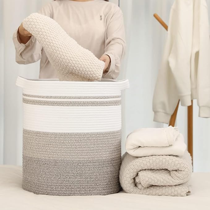 laundry hamper 16x16x18,60L – large basket for blankets, toy basket,Cotton Rope Blanket Basket Living Room, Baby Laundry hamper for Blanket, Nursery, –stuffed animal storage( Rainbow color)