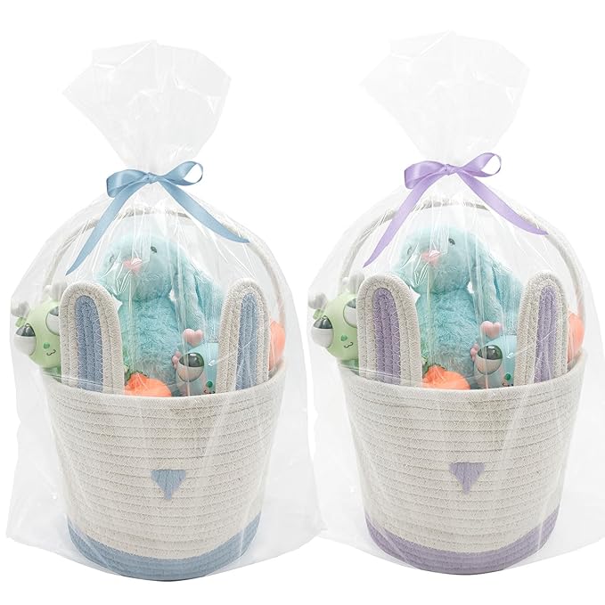 2 Pack Large Woven Easter Baskets for Kids - Boy & Girl Options, Empty Basket with Gift Bags and Ribbons Cute Easter Decorations Bunny Ears Designs (Blue+Purple)