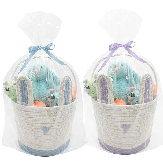 2 Pack Large Woven Easter Baskets for Kids - Boy & Girl Options, Empty Basket with Gift Bags and Ribbons Cute Easter Decorations Bunny Ears Designs (Blue+Purple)