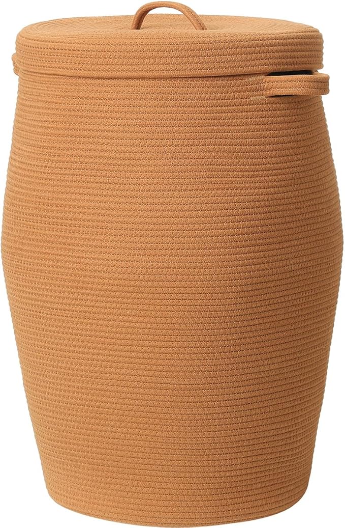 26"x20" Handcrafted Tall Cotton Rope Basket with Lid, Stylish Flagon Shape with Cover, Clothes Hamper with Top, for Bedroom and Living Room, All Orange Brown