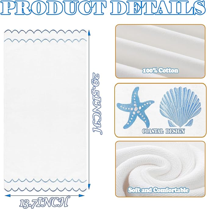 2Pcs Coastal Scalloped Hand Towels Light Blue Scallop Embroidered Dish Towel 100% Cotton Cute Decorative Ocean Bath Hand Towel for Kitchen Bathroom(Coastal Blue)