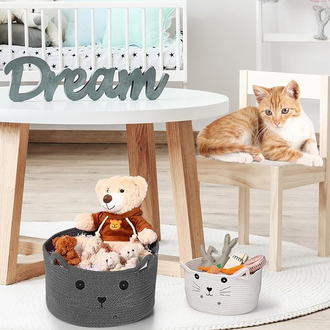 Zopeal Cat Basket Storage Woven Organizer with Ears Christmas Decorative Pet Toy Cute Cotton Rope Basket for Gift Cat Dog Toy Bin Nursery Room(13.7 x 7.8 Inch,Dark Grey)