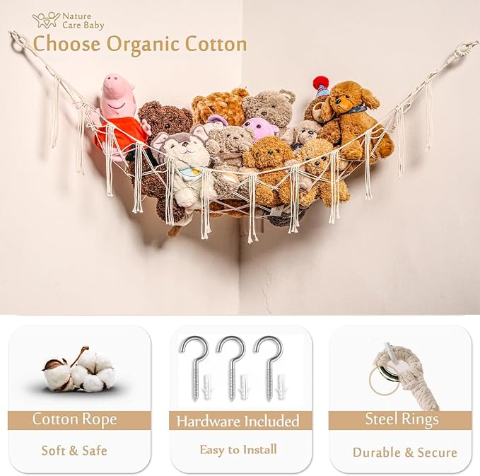 Stuffed Animals Hammock Corner Hanging Net Macrame Stuffed Animal Storage Plush Toy Holder Toy Organizer for Boho Nursery Playroom Bedroom Kids Room (cream, Large)