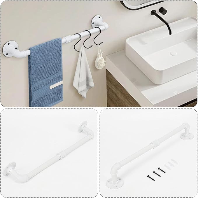 4-Pieces Industrial Pipe Bathroom Towel Ring Kit DIY Wall Mount Accessories Kit Includes Robe Hook Towel Bar and Towel Ring (White 24 inch)
