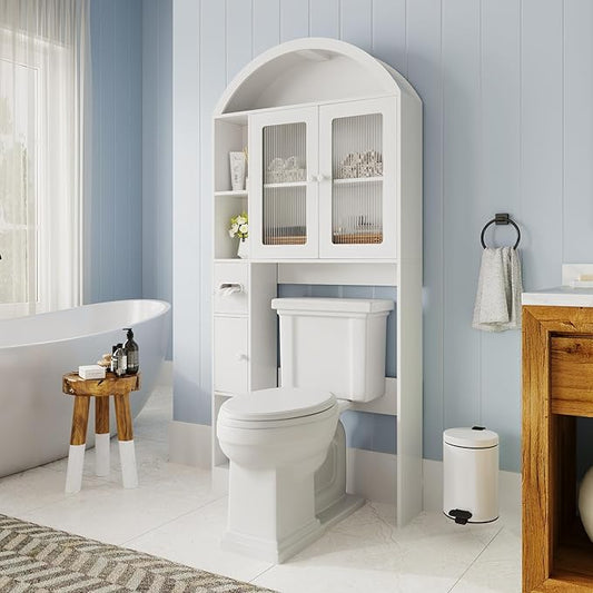 Over The Toilet Storage Cabinet, Bathroom Shelf Over Toilet, Bathroom Organizer and Storage Cabinet,Over Toilet Bathroom Organizer with 2 Doors, Paper Holder and Racks, Bathroom Decor (White-02)