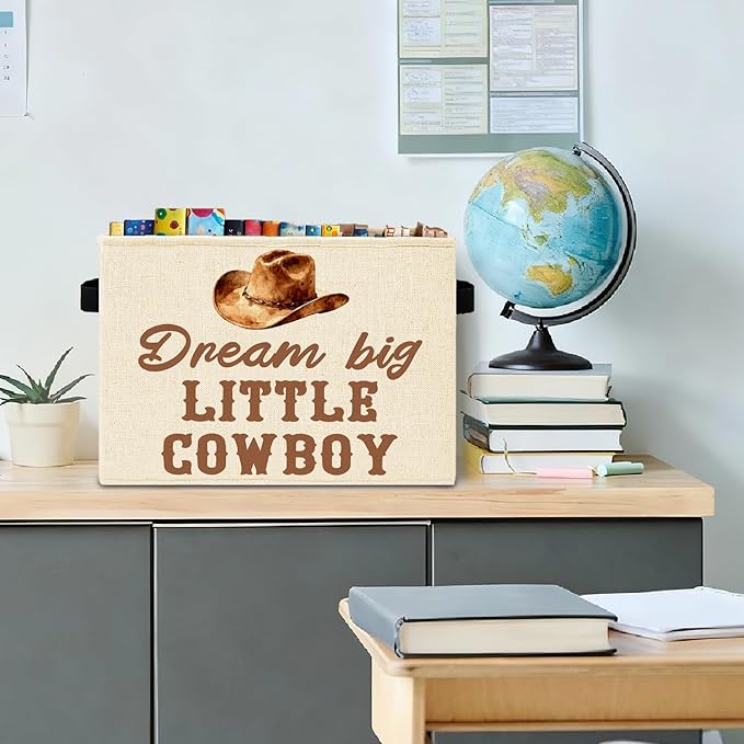 Western Cowboy Nursery Storage Bins Box with Handles, Dream Big Little Cowboy Country Western Laundry Basket Hamper Collapsible Clothes Toys Organizer for Kids Boys Bedroom Bathroom