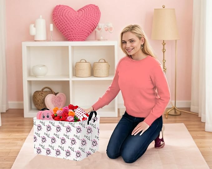 Large Valentine's Day Basket Heart Shaped Storage Bin for Gifts Collapsible Organizer Room Decor (Purple Wave Black Love)