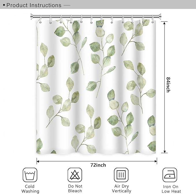 Green Eucalyptus Leaves Bathroom Shower Curtain Nature Plants Watercolor Leaf Shower Curtain with Hooks Polyester Waterproof Fabric Aesthetics Home Shower Curtain Decor Bathtub, 72x84 Inch