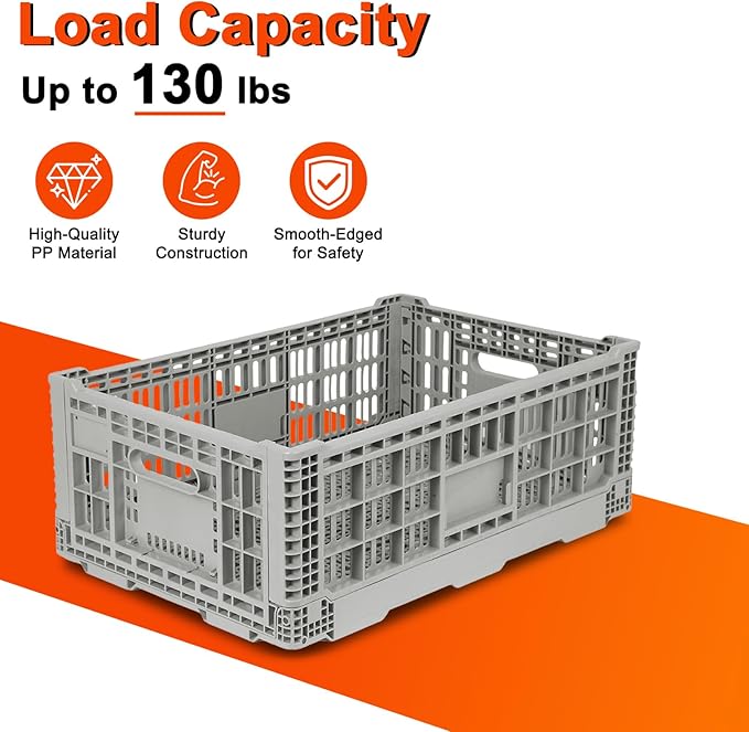 Collapsible Milk Crate, 1 pck 52L(13GAL) Stackable Storage Bins, Heavy Duty Storage Crates, Plastic Crates for Grocery, Warehouse Organization - Extra Large, Holds 130 lbs Per Bin