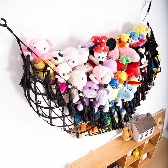 Large Stuffed Animal Net or Hammock Macrame Toy Display Plush Toy Holder Wall Hanging Net for Stuffed Animal Storage_Black