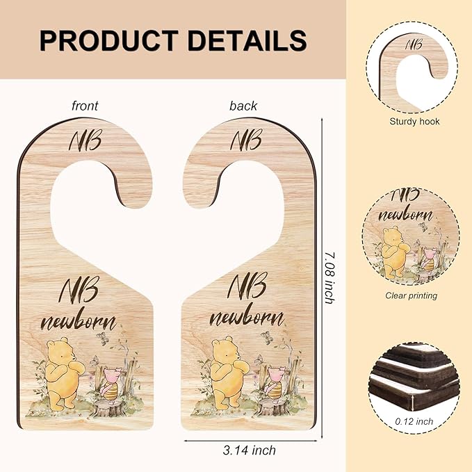 8Pcs Winnie Baby Closet Dividers, Winnie Baby Clothes Dividers for Closet, Newborn Baby Stuff for Baby Boys Girls, Wooden Double-Sided Baby Hanger Organizer from Newborn to Toddler