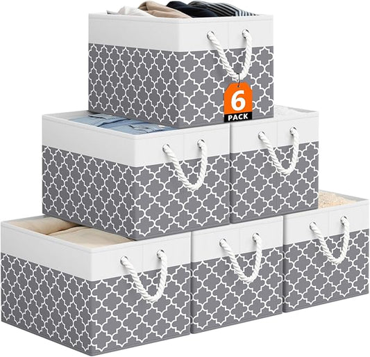 Storage Bin,Collapsible Storage Basket For Organizing,Large Storage Boxes With Rope Handles,Storage Containers,Clover Grey,6 Pack