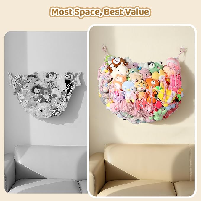 Yecaye 60 IN Stuffed Animal Net Hammock Large, Hanging Stuffed Animal Storage with Handmade Macrame Tassels, Net for Stuffed Animals Corner Large for Nursery Living Room Wall Decoration, Fairy Pink