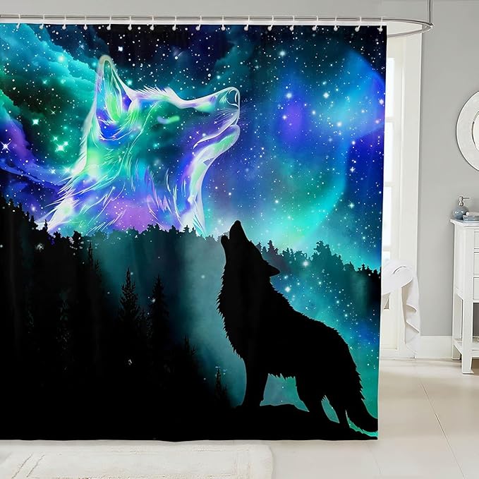 Howling Wolf Bathroom Shower Curtain Set Galaxy Wolf Shower Curtain Northern Light Bath Curtain for Kids Boys Girls Starry Sky Aurora Wild Animal Waterproof Bathroom Curtains with Hooks 72x78 Inch