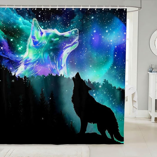 Howling Wolf Bathroom Shower Curtain Set Galaxy Wolf Shower Curtain Northern Light Bath Curtain for Kids Boys Girls Starry Sky Aurora Wild Animal Waterproof Bathroom Curtains with Hooks 72x78 Inch