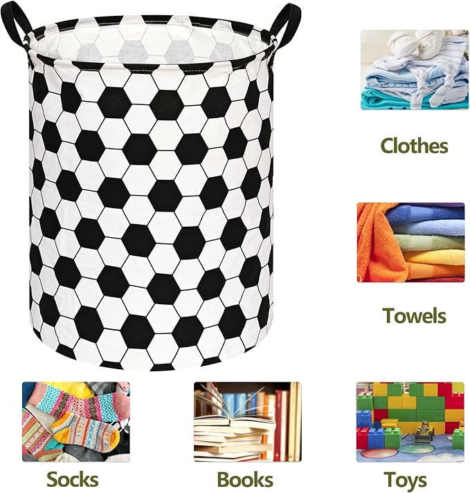 19.7 Inch Round Laundry Clothes Hamper Laundry Basket with Handles,Storage Organizer Bins Laundry Gift Basket for Room, Bedroom Decor (Football)