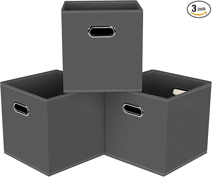 Black Foldable Storage Cubes Bins, Fabric Storage Box Cubes Organizer Baskets with Dual Handles for Home Organizer,Set of 3,(Gray)