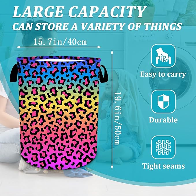 CoLorful Leopard Rainbow Laundry Basket, Foldable Waterproof Oxford Cloth Laundry Hamper Funny Tote Bag Dirty Clothes Storage Bucket Toy Organizer for Bathroom/Laundry/Bedroom 15.7"x19.6"
