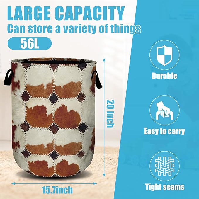 Vintage Brown Cowskin Laundry Basket, Laundry Hamper Collapsible Oxford Cloth with Handle Clothes Toy Storage Bin for Bathroom Laundry Room Bedroom 15.7 X 20 Inch