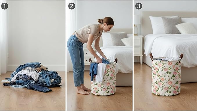CLOCOR Round Collapsible Flat Storage Basket,Space-Saving Fabric Laundry Hamper for Clothes,Nursery Hamper,Gift Basket(Watercolor Rose)