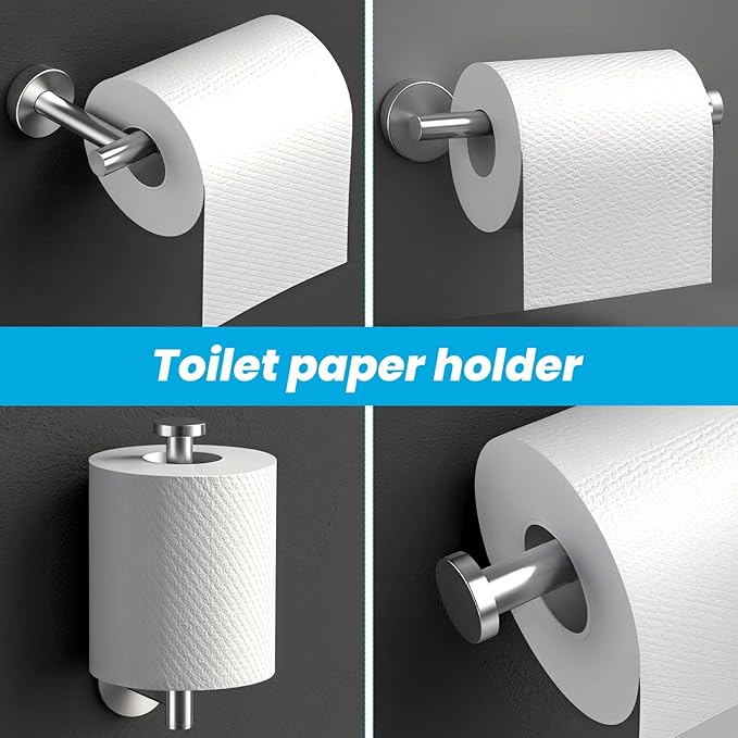 5 Piece Bathroom Accessories Set, Bathroom Hardware Set, Wall Mounted Thickened 304 Stainless Steel Towel Holder Sets, Includes 16" Towel Rod+Toilet Paper Holder+3 Multifunctional Hooks