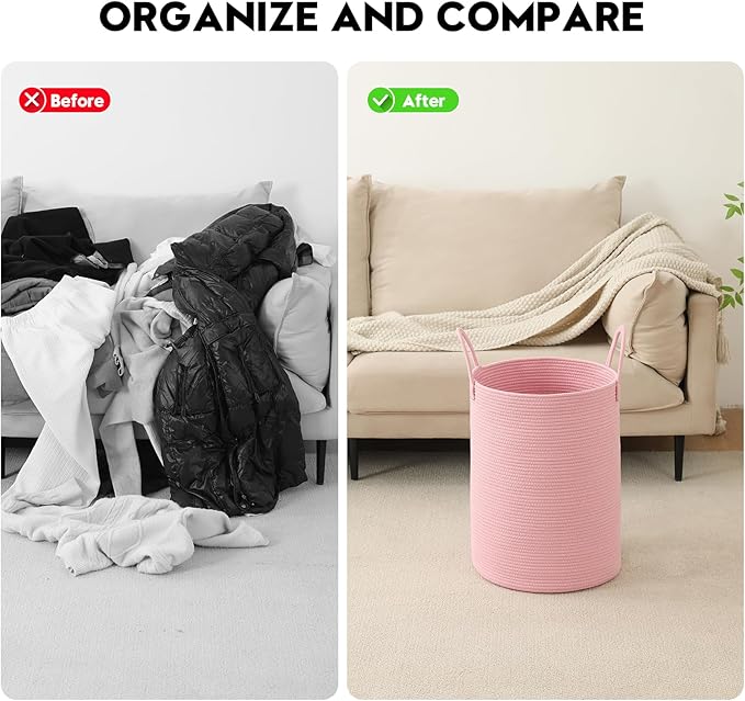 Woven Laundry Hamper Tall Rope Storage Basket for Blanket toys Dirty Clothes in Living Room Bathroom Bedroom (Pink, 60L/15.8Gal)
