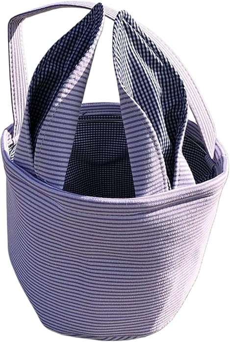 Personalized Seersucker Easter Basket with Gingham Bunny Ears - Custom Embroidered Canvas Basket