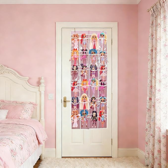Hanging Over Door Girl's toy Storage Organizer with 24 Clear View Pockets, Compatible with Lol Omg Dolls Barbie Dolls Surprise Doll clothes girl bow hair accessories organizer