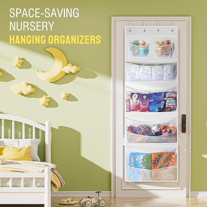 Yecaye Stuffed Animal Storage, Hanging Organizer for Stuffed Animals with 6 Expandable Mesh Net Pockets, Stuffed Animal Hammock, Over the Door Organizer, White