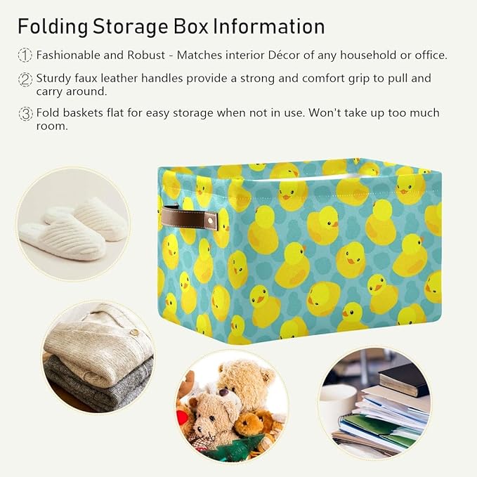 Rectangular Storage Bin Yellow Rubber Duck Basket with Handles - Organizer Bin for Toys, Books, Laundry Basket for Kids/Pets, Playroom