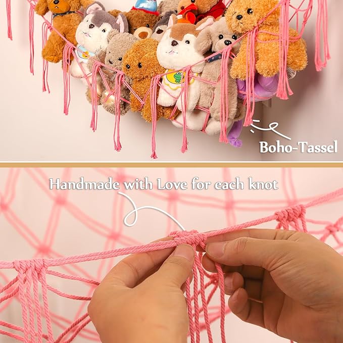 Stuffed Animals Hammock Corner Hanging Net with Tassel Macrame Stuffed Animal Storage Plush Toy Holder Toy Organizer for Boho Nursery Playroom Bedroom Kids Room (pink, large)