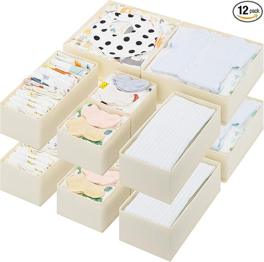GRANNY SAYS Drawer Organizer Clothes, 12 Pack Dresser Organizer Bins for Nursery, Closet Organization and Storage Dividers for Clothing, Baby Clothes, Underwears, Beige