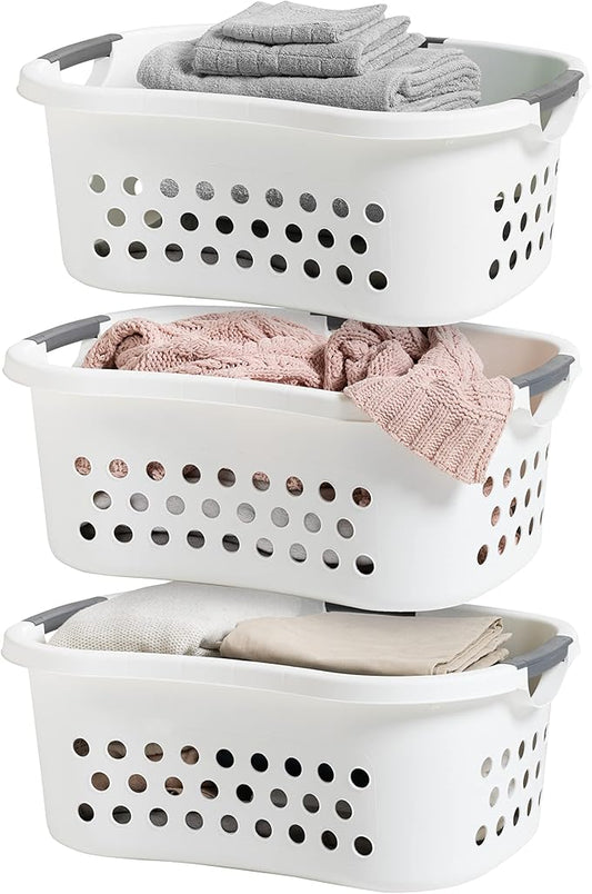 IRIS USA 50L Plastic Hip Hold Laundry Basket with Built-In Comfort Carry Handles, 3 - Pack, 1.5 Bushel, Clothes Hamper, Laundry Hamper, Ventilation Holes, for Closet Dorm Laundry Room Bedroom, White