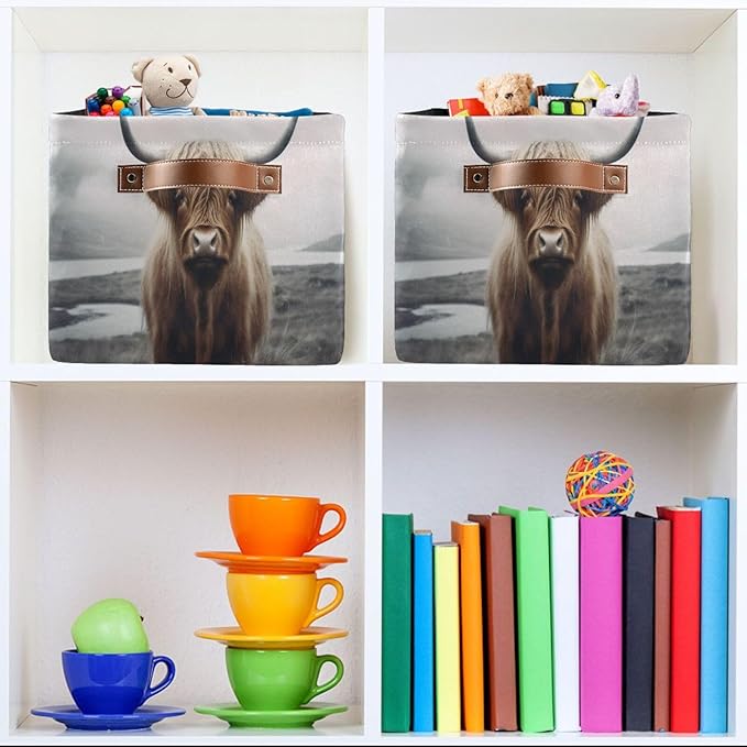 YETTASBIN Highland Cow Storage Basket 1pc, Large Collapsible Toys Clothes Organizer, Durable Canvas Storage Bin with Handle for Shelves Closet Laundry Home Office Decor