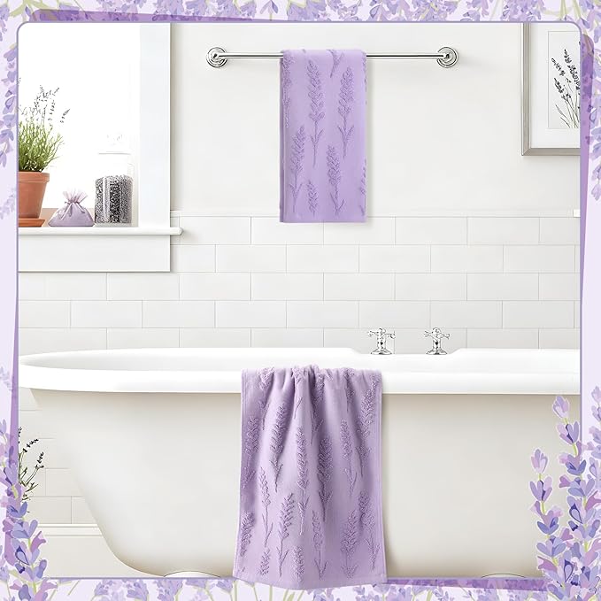 2 Pcs Lavender Hand Towels for Bathroom Purple Lavender 100% Cotton Jacquard Weave Bath Towel Set Soft Absorbent Dish Washcloth for Summer Women Bathroom Kitchen Gifts 13.8 x 29.5 Inch
