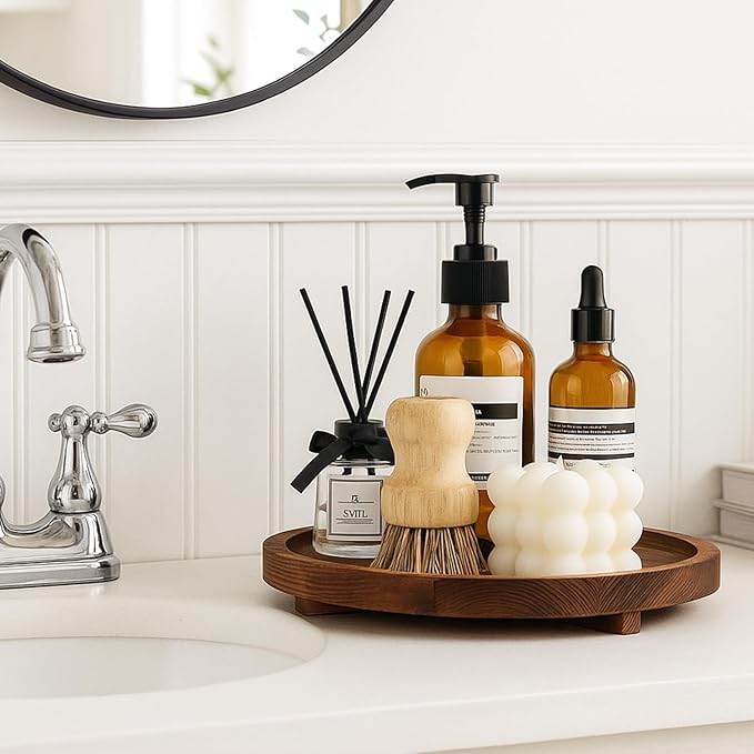 12 inch Large Round Decorative Tray Wood Bathroom Counter Organizer Farmhouse Kitchen Decor Wooden Riser for Perfume Soap Dish Wood Decorative Candle Holders for Home Decor Brown Table Centerpieces