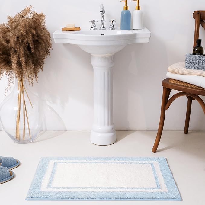 GRANNY SAYS Microfiber Bathroom Rugs Non Slip Washable, Water Absorbent Bathroom Mats for Tub Non Slip, Soft Bath Mats for Floor & Shower, Bath Rug, 16" x 24", Black Bath Rug, Baby Blue