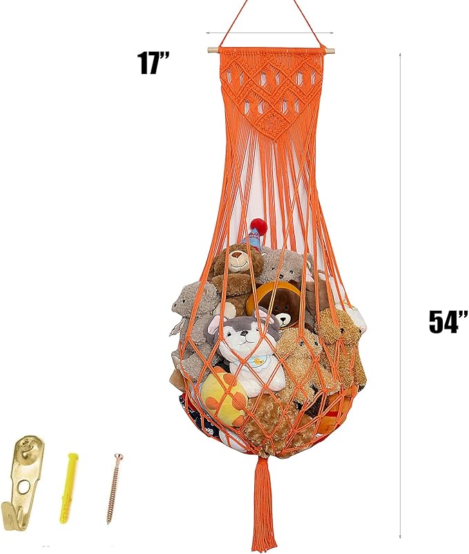 Stuffed Animal Hammock Wall Hanging Net for Stuffed Animal Net Stuffed Animal Storage Plush Toy Holder Toy Organizer for Boho Kidroom Nursery (Orange Color)