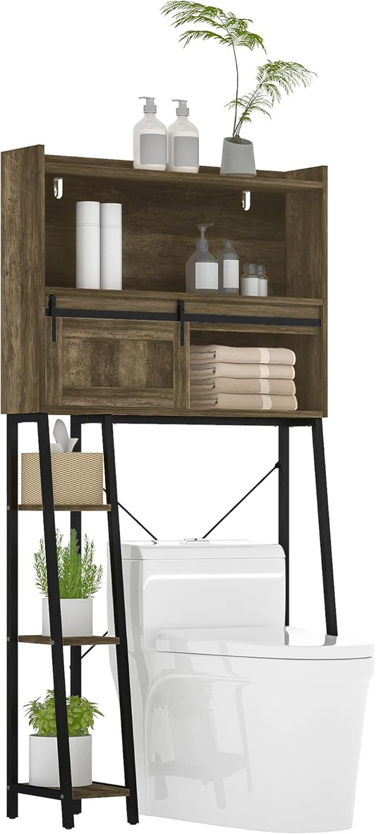 HOMCOM Over The Toilet Storage Cabinet, Freestanding Over Toilet Bathroom Organizer with Sliding Door, 3 Storage Compartments and 4 Open Shelves, Distressed Brown