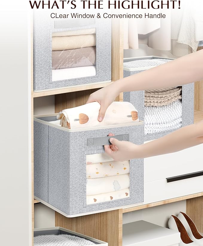Foldable Storage Cubes - Square Organizer with Window, Decorative Baskets for Organizing, Fabric shelf Basket for Clothes, 11 Inch Closet Storage Cubes, Set of 12, Light Grey