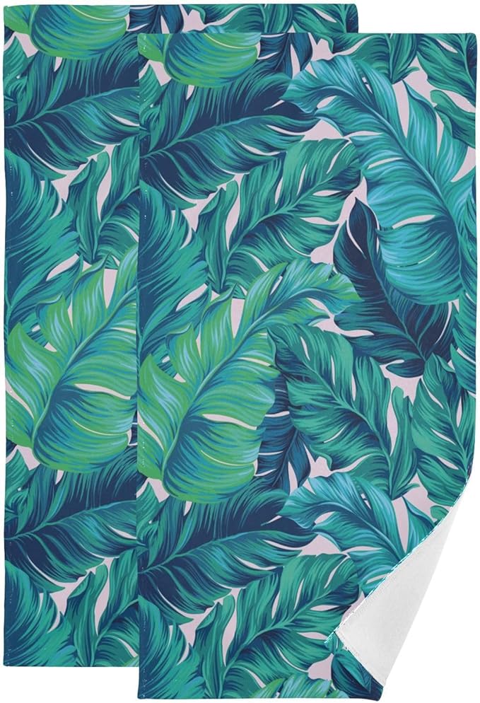 2 Pcs Tropical Blue Green Leaves Hand Towels for Bathroom,Soft Absorbent Palm Banana Leaf Botanical Dish Towels for Kitchen,Quick Dry Decorative Bathroom Towels for Face,Hair,Shower 14"x28"