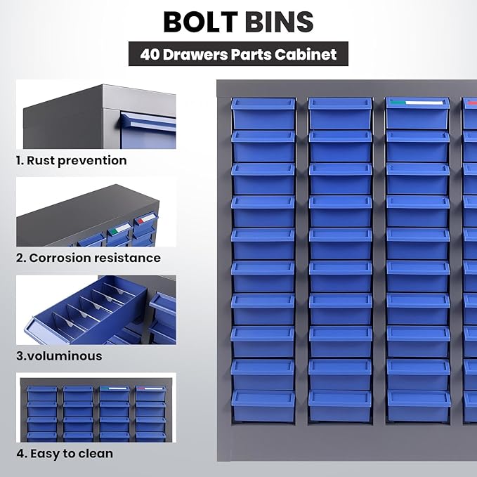 40-Drawer Nut and Bolt Organizer, Small Parts Organizer with Alloy Steel Frame & ABS Drawers, Bolt Bin for Garage, Teacher Toolboxes, Makeup & Workshop, Tool Hardware Storage (40-grid Drawer)