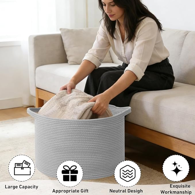 115L Large Blanket Basket,23.6" L x 23.6" W x 15.7" H Rope Woven Baskets with Handles, Toys Storage Bins,Laundry Basket Perfect for Living Room, Nursery,Bedroom,Home Organization,Light Gry