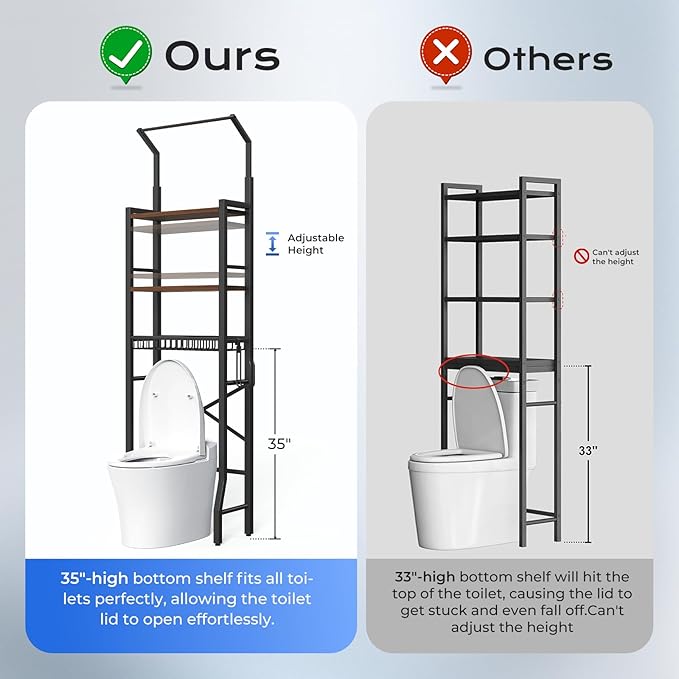 Over-The-Toilet Storage Rack, 3-Tier Bathroom Organizer Shelf Over Toilet with Adjustable Shelf and Basket, Freestanding Space Saver Bathroom Shelves Above Toilet for Room (Vintage Brown)