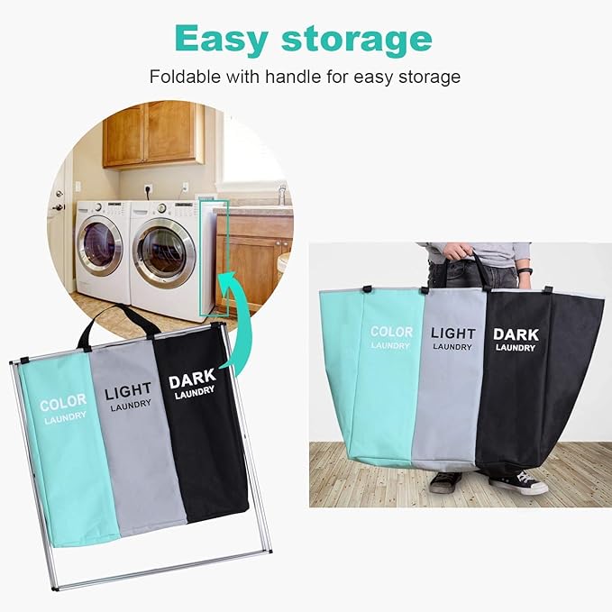 135L Laundry Cloth Hamper Sorter Basket Bin Foldable 3 Sections with Aluminum Frame 26''×24''H Washing Storage Dirty Clothes Bag for Bathroom Bedroom Home Storage basket (3 Liner, Green+grey+black)